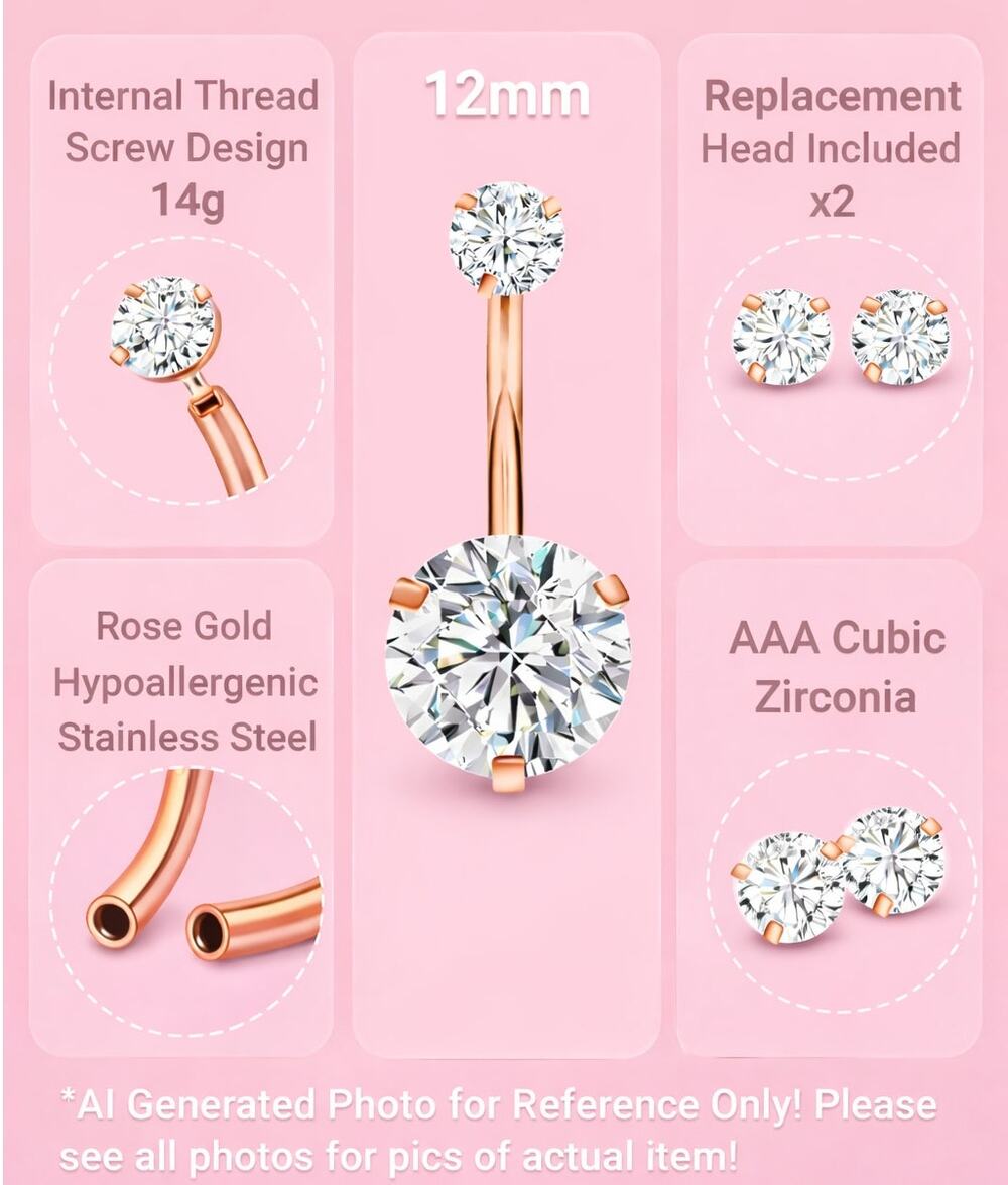 Clear CZ Rose Gold Polished Hypo 12mm Curved Barbell Belly Ring 14g + Extra Head